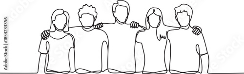 Single continuous line drawing about group of men and woman from multi ethnic standing together to show their friendship bonding. Unity in diversity concept. one line Icon drawing