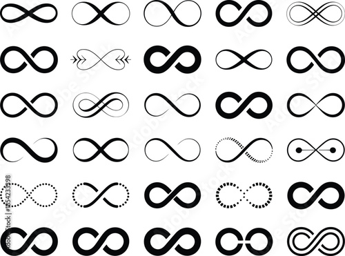 Collection of diverse infinity symbol designs representing endless loops and eternal concepts in vector art