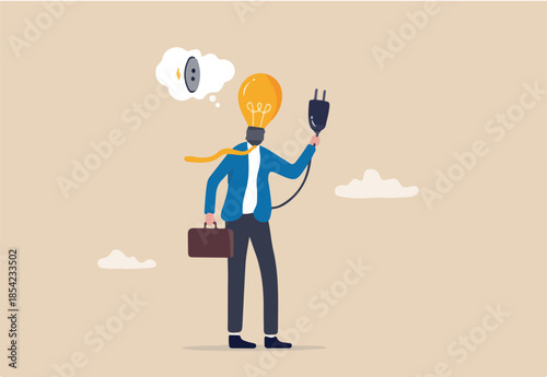 Inspiration or creativity to think of solution or solving business problem, imagination or innovation to success, brilliant idea, businessman with lightbulb head try to find electricity to light up