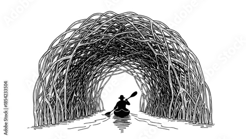 Person canoeing under woven reed arch in black and white silhouette art