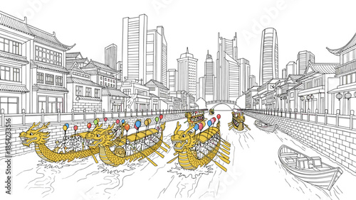 Dragon boat race in modern cityscape with traditional architecture and skyscrapers