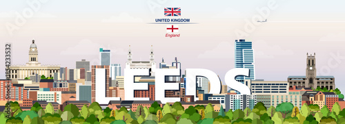 Leeds graphic stylized cityscape colorful vector illustration with big city name on the background