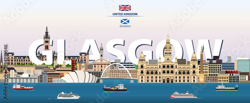Glasgow graphic stylized cityscape colorful vector illustration with big city name on the background