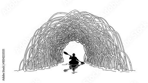 Silhouette canoeist navigating through reed tunnel on calm water