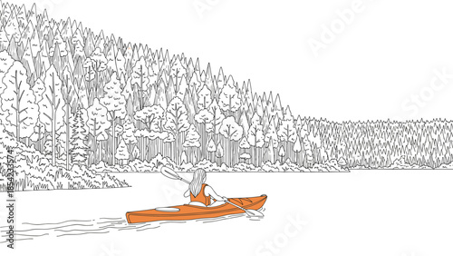 Woman kayaking on serene lake with forest background in minimalist sketch style