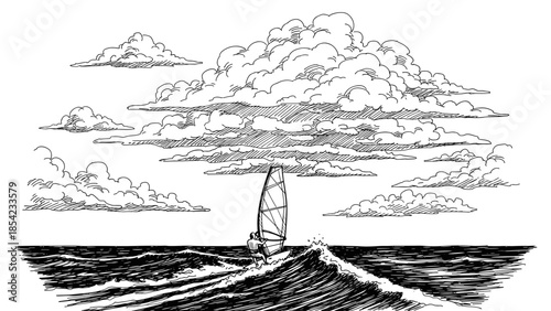 Hand-drawn windsurfing adventure with dramatic cloudscape