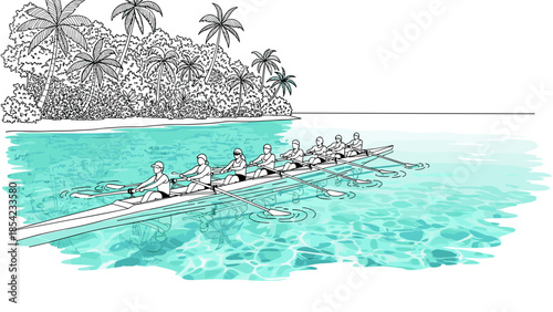 Tropical team rowing adventure: linear artwork of ocean rowers in paradise