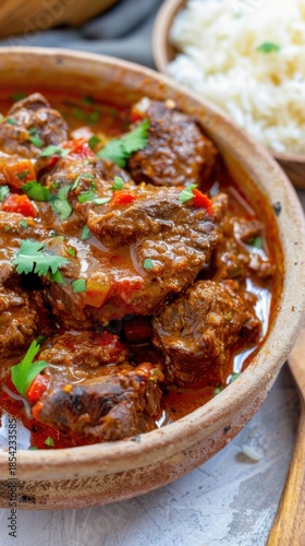 Nigerian beef stew with tomatoes and spices in a bowl near rice served on a wooden table