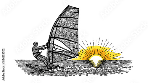 Intricate mandala style windsurfer in sunset ocean scene