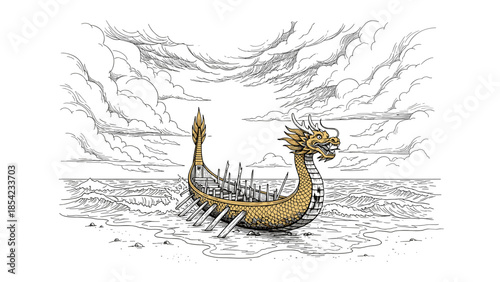 Dragon boat on the shore: intricate line art of a dragon-headed vessel against a cloudy sky