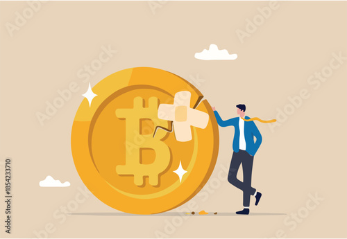 Bitcoin and cryptocurrency value return after crash or collapse, rescue or fix Bitcoin trading concept, confidence businessman investor or trader with damaged cracked down Bitcoin bandage repair.
