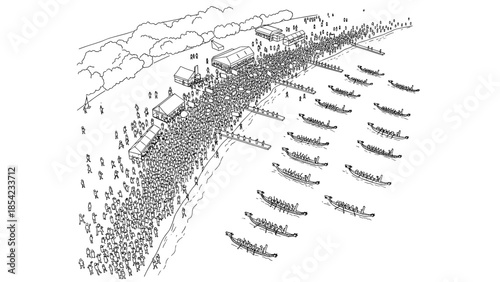 Crowded beach scene with dragon boats and festival stalls in linear style