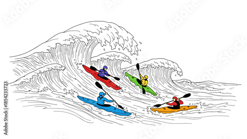 Kayakers adventure: colorful line art of kayaking in powerful waves