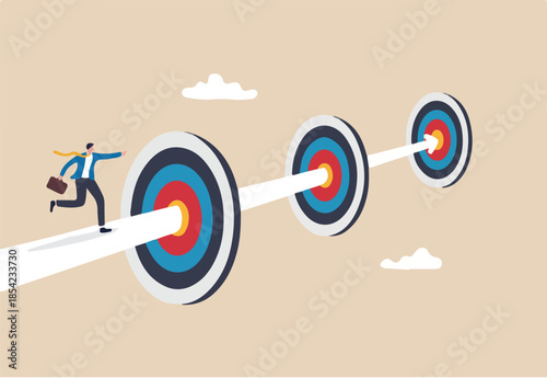 Achievements or challenge to achieve targets and business goals, objectives and purpose, journey to succeed in work and career concept, confidence businessman running on arrow way through targets.