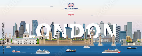 London graphic stylized cityscape colorful vector illustration with big city name on the background
