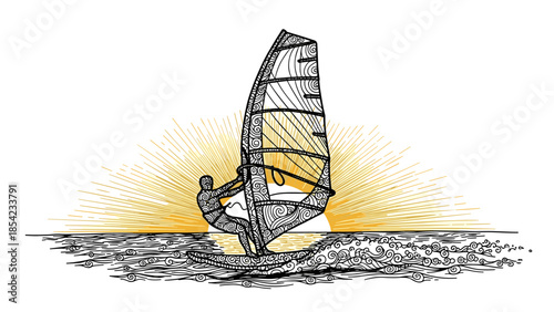 Intricate windsurfing silhouette with swirling patterns against a vibrant sunburst background