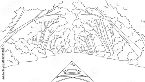 Peaceful kayak ride through serene forest river path in linear art style