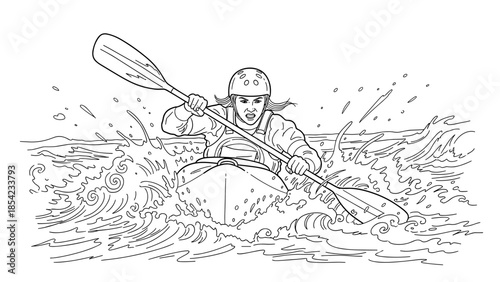 Dynamic line art kayak adventure capturing an intense whitewater experience