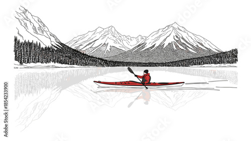 Minimalist landscape with red kayak on mountain lake reflection