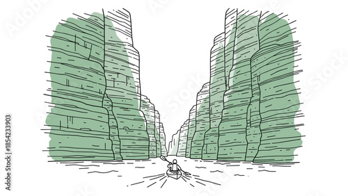 Canyon adventure: minimalist line art of kayaker paddling through stunning rocky gorge