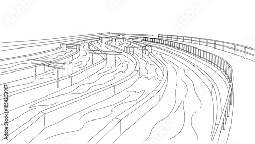 Abstract linear depiction of water flow in a curved architectural setting
