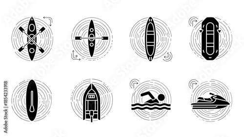 Water sports icons set with kayak, canoe, boats, swimming, and jet ski symbols in flat style