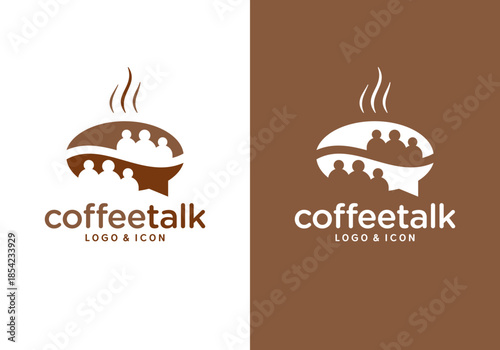 Coffee bean icon logo design vector with chat bubble and people, simple coffee shop logo.
