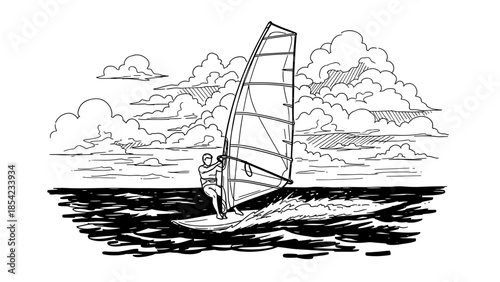 Dynamic line art of windsurfing on wavy ocean with cloudy sky