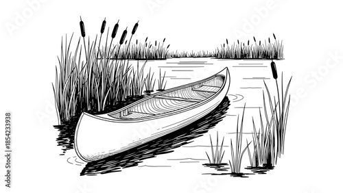 Black and white canoe on calm lake with tall reeds in minimalist hand drawn style