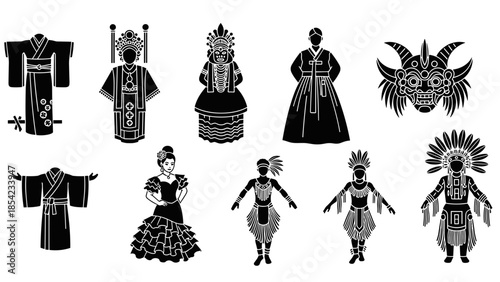 Traditional costumes set: global silhouette cultural outfits