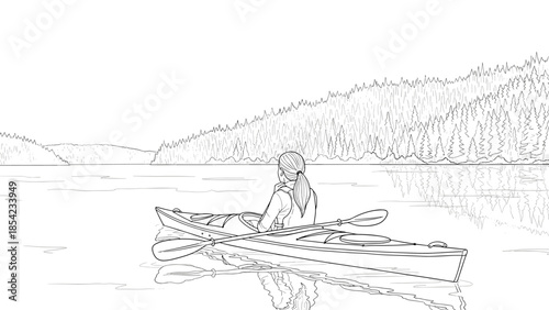Serene lake kayaking scene with lone paddler in tranquil forest setting