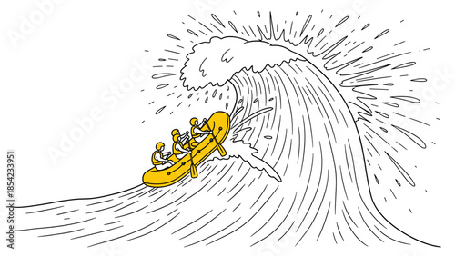 Yellow rafting adventure: team battling giant wave in dynamic linear art