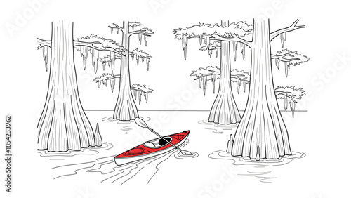 Kayaking adventure in a serene cypress swamp scene with red canoe
