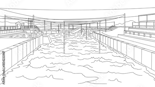 Linear art of outdoor water sport facility with rapids and obstacles
