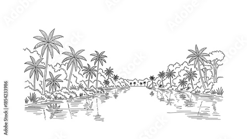 Tropical riverbank with palm trees in hand-drawn landscape art style