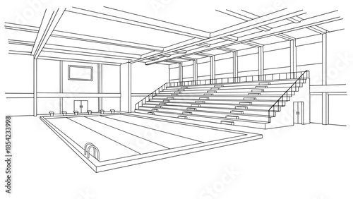 Indoor swimming pool with spectator stands in modern linear design