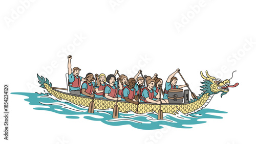 Dragon boat racing team paddling in colorful traditional canoe