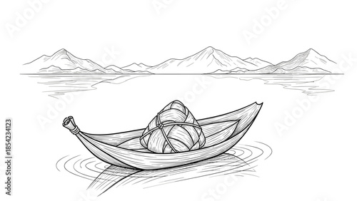 Tranquil boat on lake with mountain background in hand-drawn style