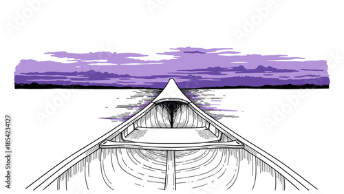 Canoe point of view over tranquil water with vibrant sunset horizon