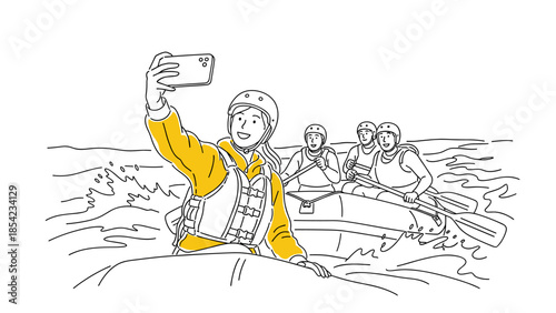 Adventurous group takes selfie while white water rafting in line art style