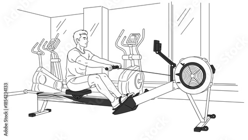 Man exercising on rowing machine in gym - black and white line art