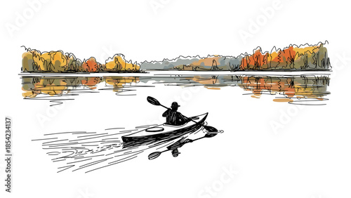 Kayaker glides through autumn lake scene with vibrant reflections