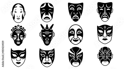 Traditional chinese opera masks set in black and white silhouette style