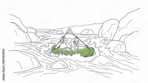 Linear drawing of adventurous whitewater rafting in rocky rapids