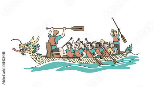 Dragon boat racing team paddling together on a colorful dragon boat in motion
