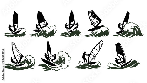 Dynamic windsurfing silhouettes on ocean waves in black and green
