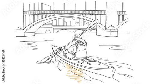 Kayaking adventure under bridge in linear outline design