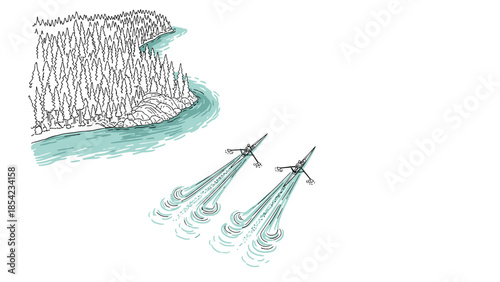 Minimalist canoeing scene with river and forest in sketch style