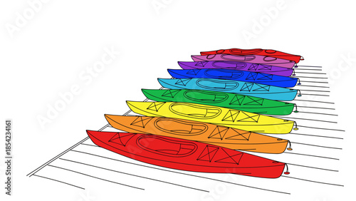 Colorful canoes arranged in a line on white background