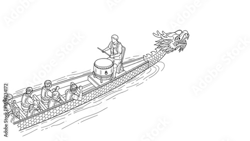 Dragon boat line art with rowers in motion